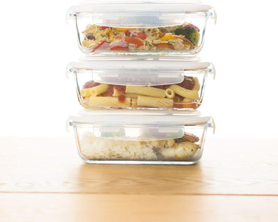 Grizzly Glas Frischhaltedosen, Set 3x 1040 ml, luftdicht, rechteckig, Click-Verschluss, vielseitige