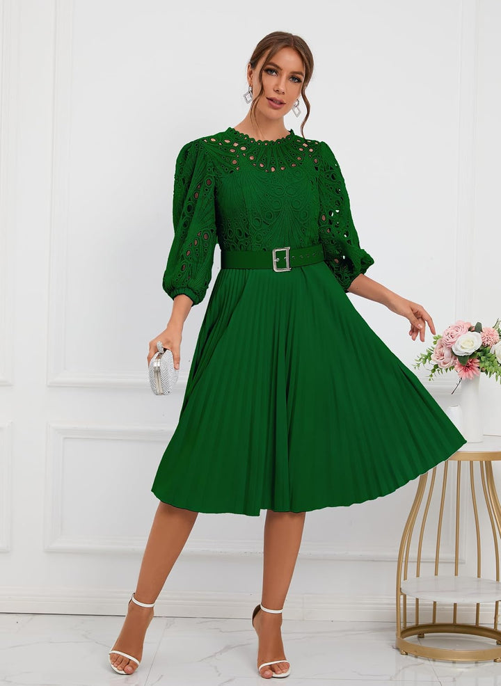 Spitzenkleid, plissiert, Puffärmel, wadenlang, kurze Ärmel, Midi-Kleid, hohles Party-Abendkleid M Gr