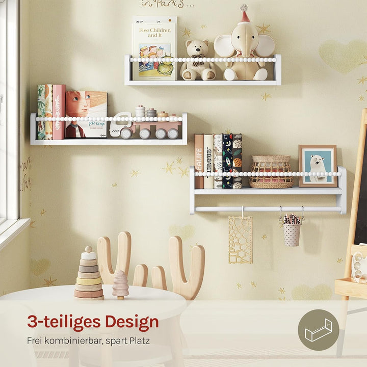 WOLTU 3er Set Kinder Bücherregal Wand, 50cm Wandregal Kinderzimmer, aus Massivholz, Hängeregal Schwe