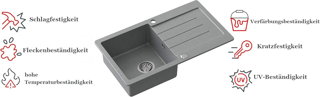 VBChome Spüle Grau 77 x 44 cm Granit Einzelbecken Einbauspüle gesprenkelt reversibel Verbundspüle +
