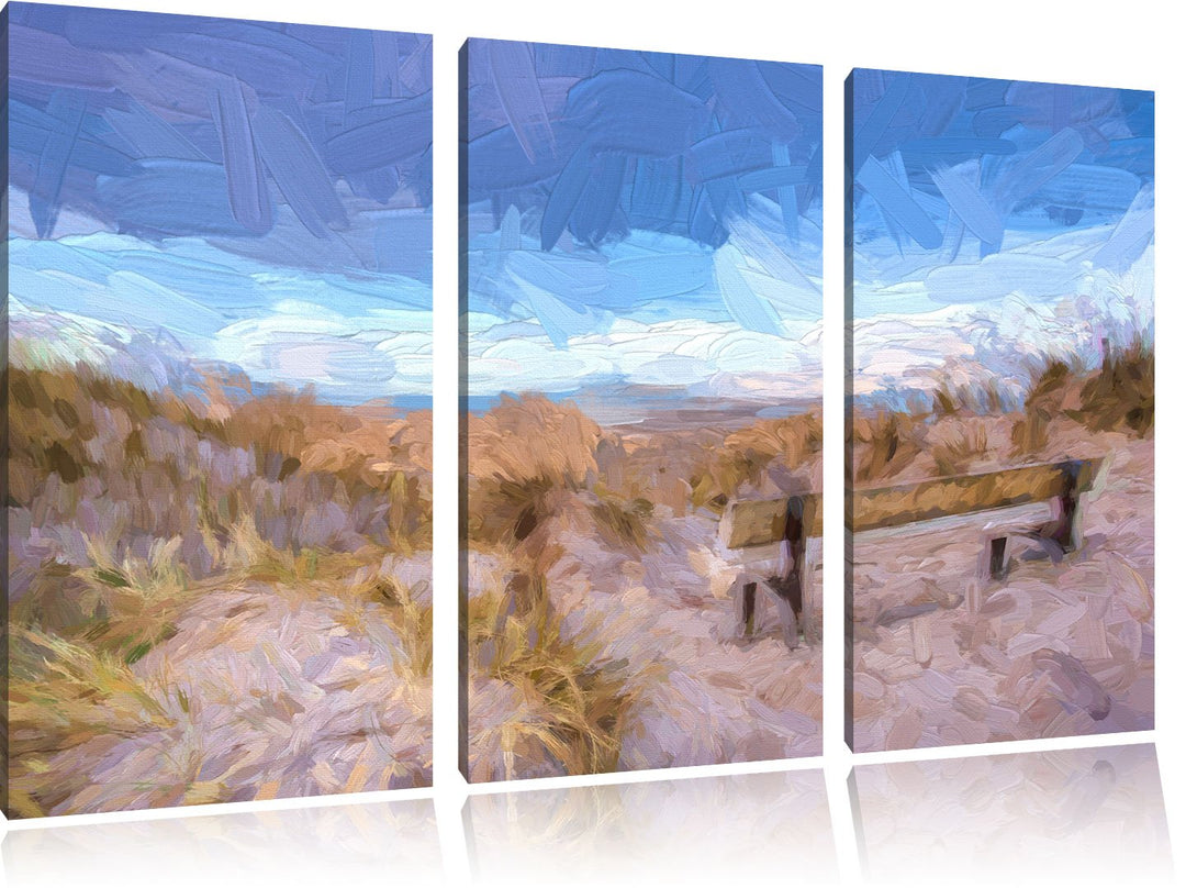 Pixxprint Bank in den Dünen mit Blick auf das Meer Kunst Pinsel Effekt 3-Teiler Leinwandbild 120x80
