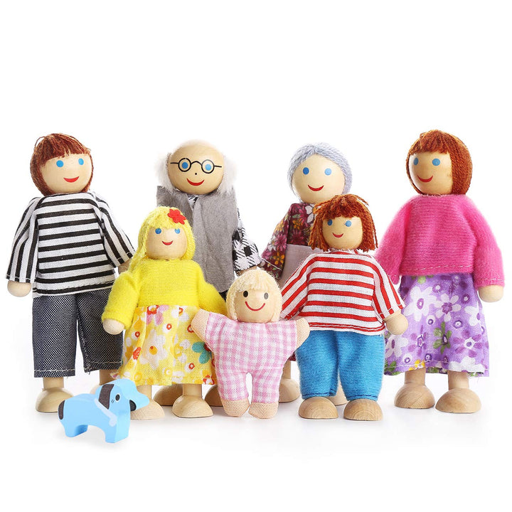 Playtee 7-köpfige Puppenfamilien Puppenhaus für Kinder Spiel Haus Geschenk Holz, Modern