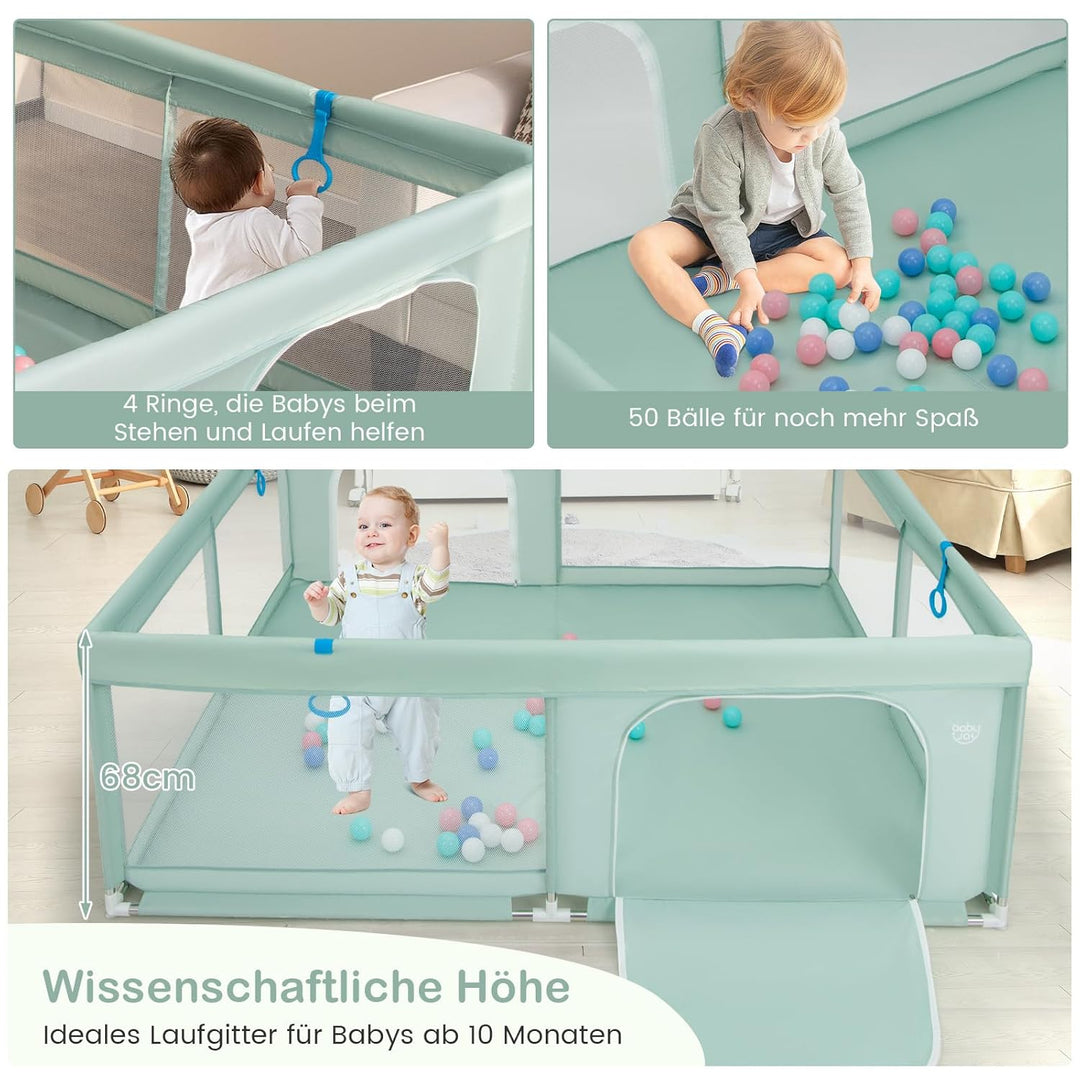 GOPLUS 200x180cm Baby Laufstall, Laufgitter mit Matratze, 4 Handringe & 50 Spielbällen, Krabbelgitte