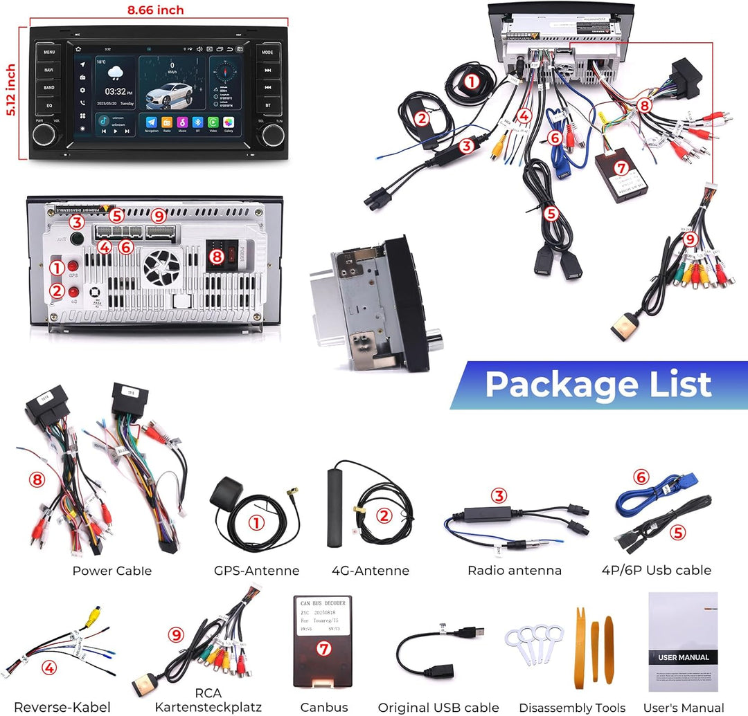 8-Core Android Autoradio für VW Touareg 2004-2011 mit 7-Zoll-IPS-Bildschirm, 4+64 GB Head Unit Car M