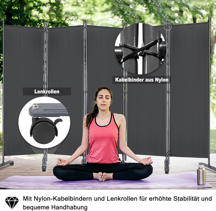 JOIEYOU Paravent Outdoor Sichtschutz Trennwand 4 Teilig 225x185cm Raumtrenner mit Rädern, Flache Füs