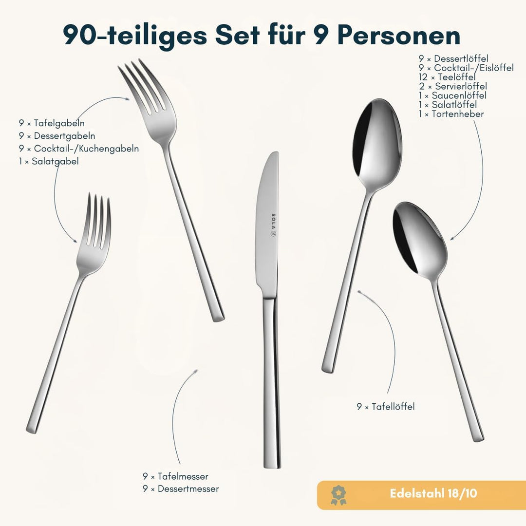 Sola Besteckset Luxor - 18/10 Edelstahl - 90-teilig / 9 Personen 9 Personen - 90 Teile Silber, 9 Per