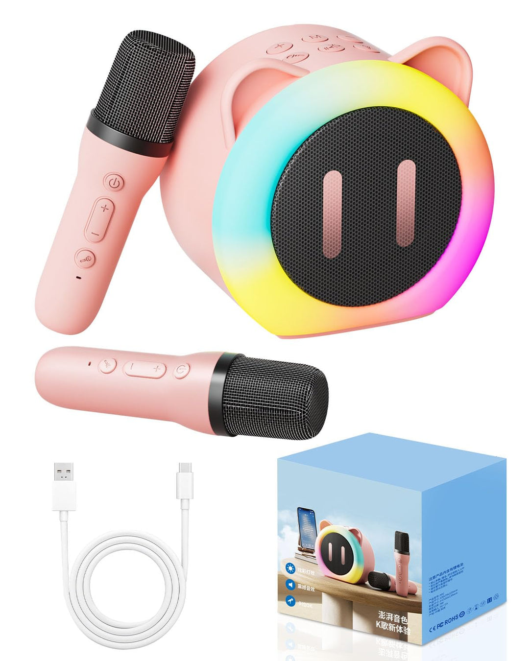 Karaoke Maschine Kinder mit 2 Bluetooth Karaoke Mikrofon, 5 Toneffekten, 5 RGB Lichteffekte, Stimmwe