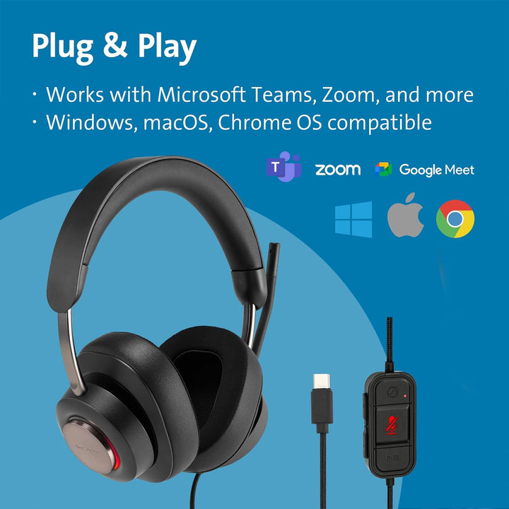 Kensington H2000 Over-Ear USB-C Kopfhörer mit Mikrofon, Windows- und Mac-kompatibel, Noice Cancellin
