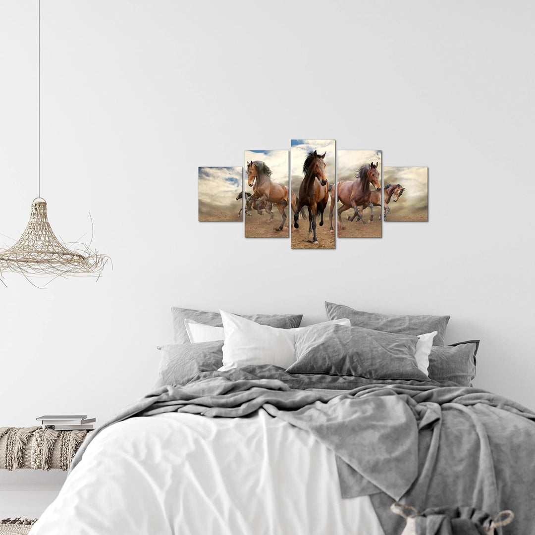 Runa Art Wandbilder Pferde  5 Teilig Bild auf Vlies Leinwand Deko Wohnzimmer Schlafzimmer Tiere Brau