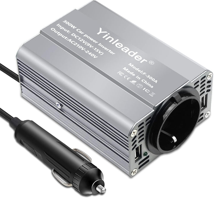Yinleader Wechselrichter 300W DC 12V auf 230V AC KFZ-Spannungswandler 1 Euro-Steckdosen und 2 USB mi