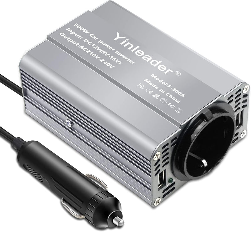 Yinleader Wechselrichter 300W DC 12V auf 230V AC KFZ-Spannungswandler 1 Euro-Steckdosen und 2 USB mi