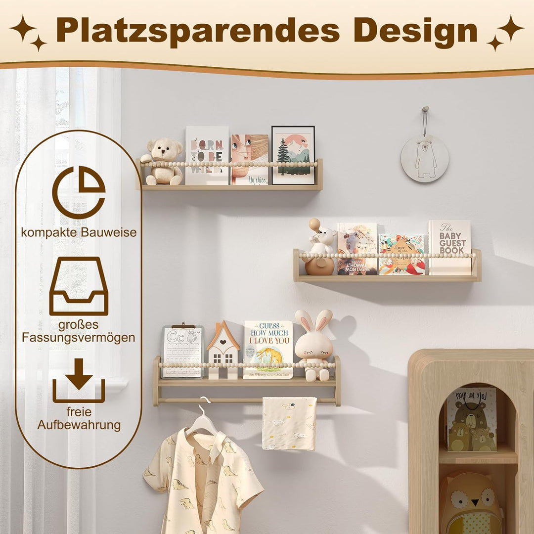 WOLTU 3er Set Kinder Bücherregal Wand, 60cm Wandregal Kinderzimmer, aus Massivholz, Hängeregal Schwe