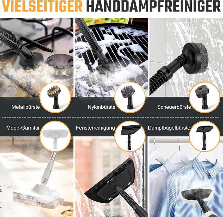 Dampfreiniger 12-in-1 mit abnehmbarem Teleskopstiel – 500ml Handdampfreiniger für Boden, Fliesen, Fe