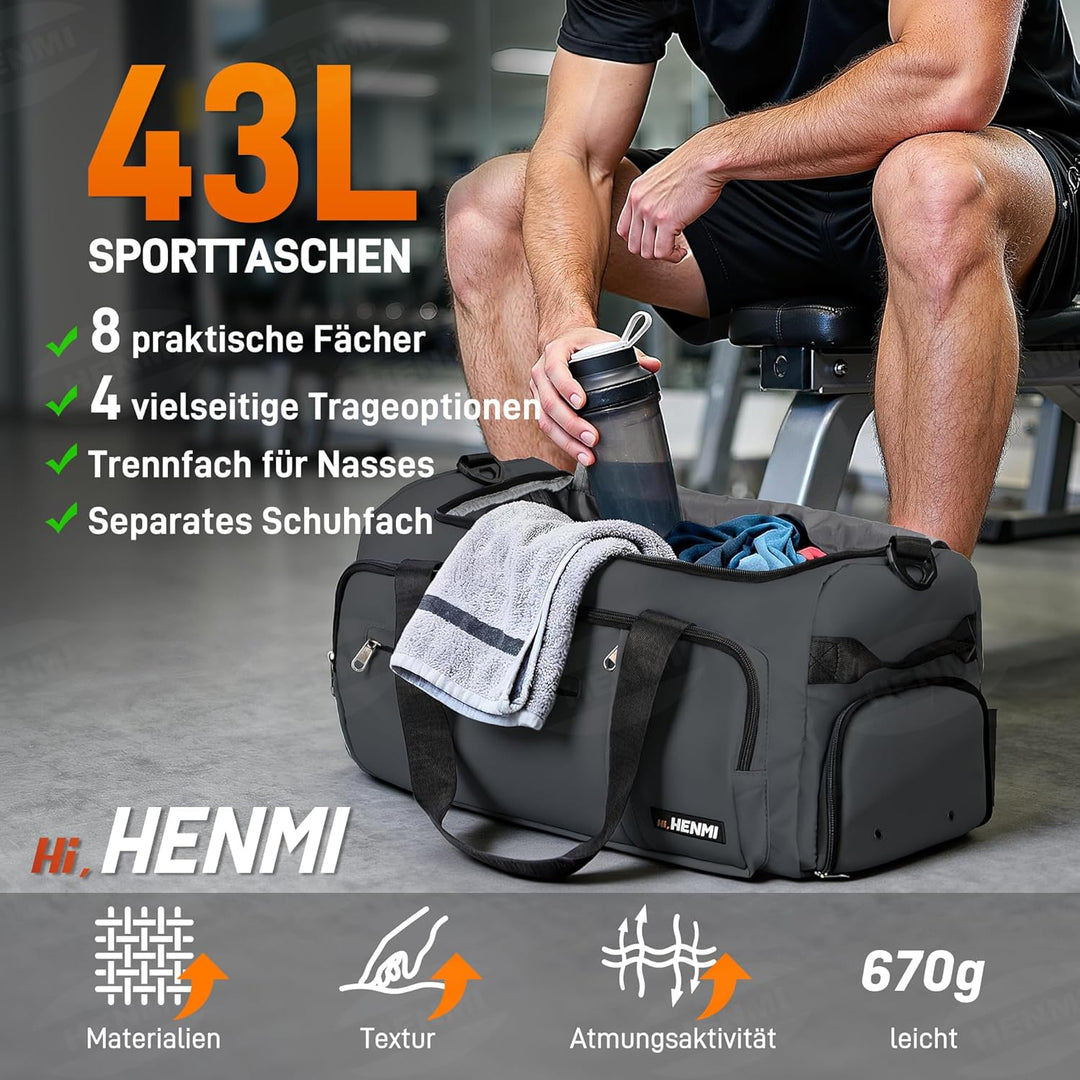 HENMI Sporttasche &amp; Reisetasche für Herren und Damen, 43L Gross gymbag mit Schuhfach und Nassfach, F
