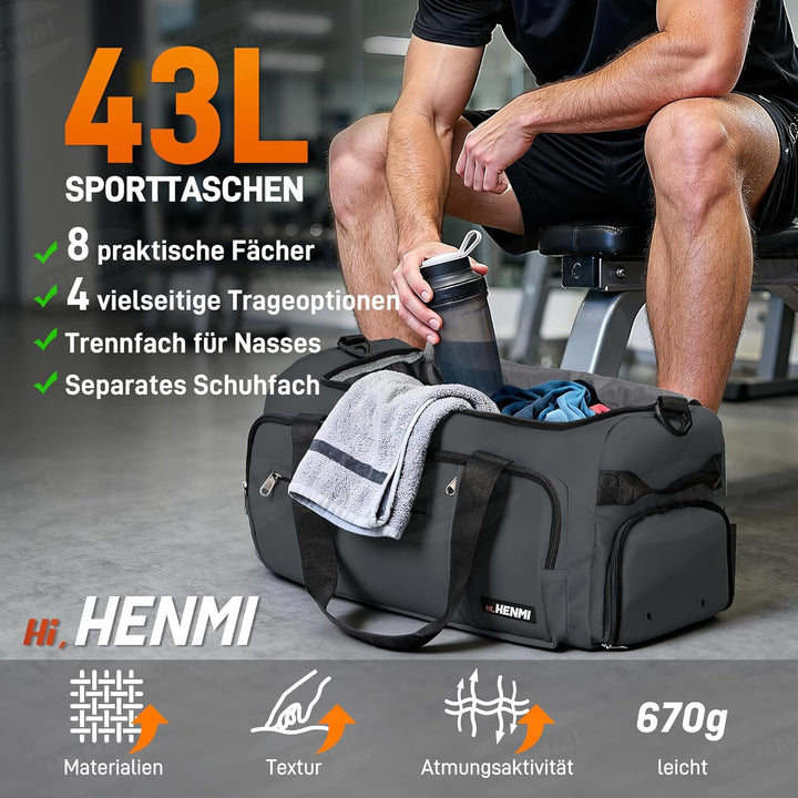 HENMI Sporttasche &amp; Reisetasche für Herren und Damen, 43L Gross gymbag mit Schuhfach und Nassfach, F