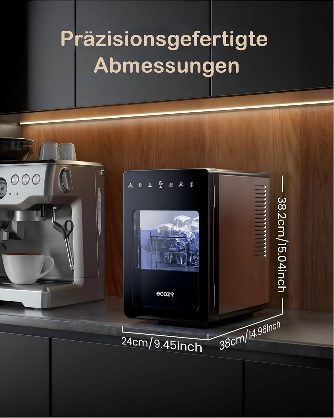 ecozy 50mm Eiswürfelmaschine für Grosse Klare Würfel, Transparentes Eis in 30 Min mit Eco-Modus, 24h