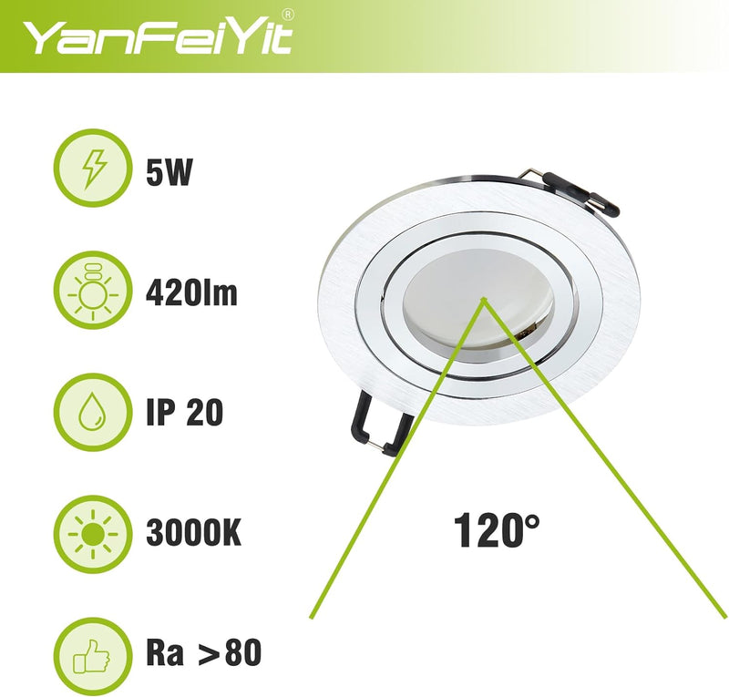 YanFeiYit 5er Set LED Einbaustrahler in Silber gebürstet rund incl. 5x 5 Watt 3000K warmweiss 230V d