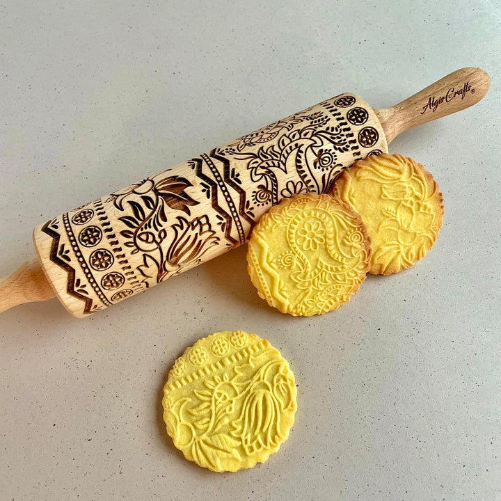 ECHO Nudelholz. Teigrolle mit Blumenmotive für Hausgemachtes Gebäck und Keramik. Präge Teigroller fü