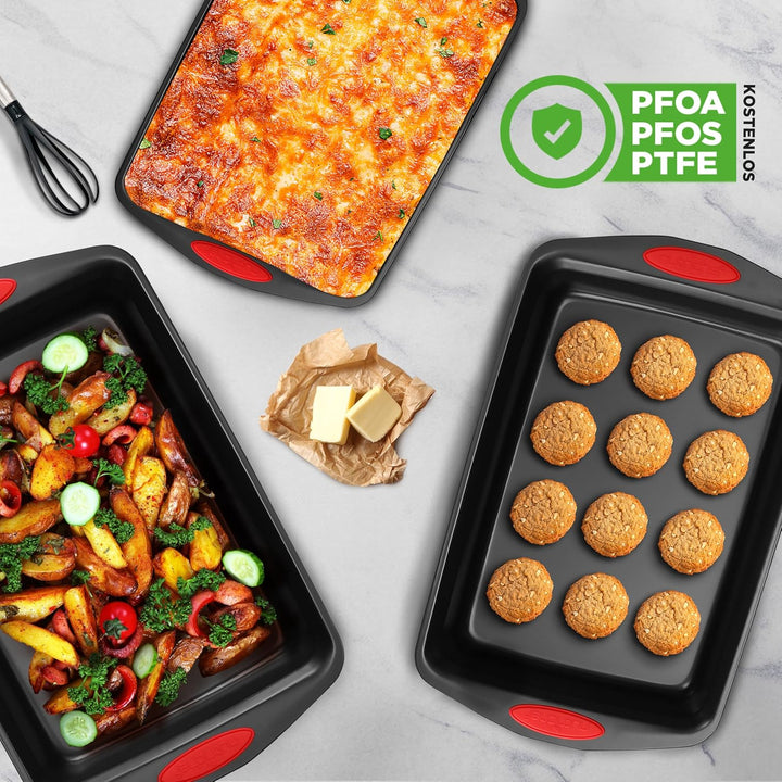 NutriChef 3-Piece Baking Pan Set - PFOA, PFOS, PTFE Free Flexible Nonstick Black Coating Carbon Stee