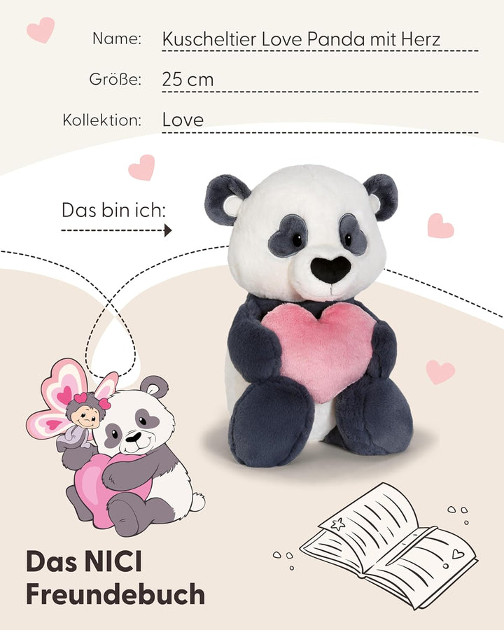 NICI Kuscheltier Love Panda mit Herz 25cm - schwarz - Weiches Plüschtier – niedliches Stofftier zum