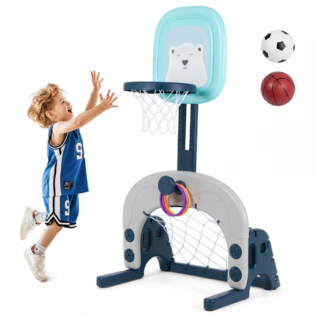 3-in-1 Basketballkorb-Set für Kinder, höhenverstellbares Sportaktivitätscenter mit Basketball, Fussb