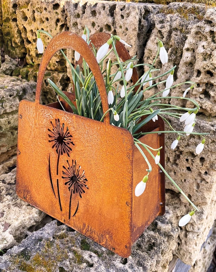 STEINFIGURENWELT GIEBEN Edelrost Handtasche mit 2 Blumen 27x32cm Tasche zum Bepflanzen Rost Pflanzta