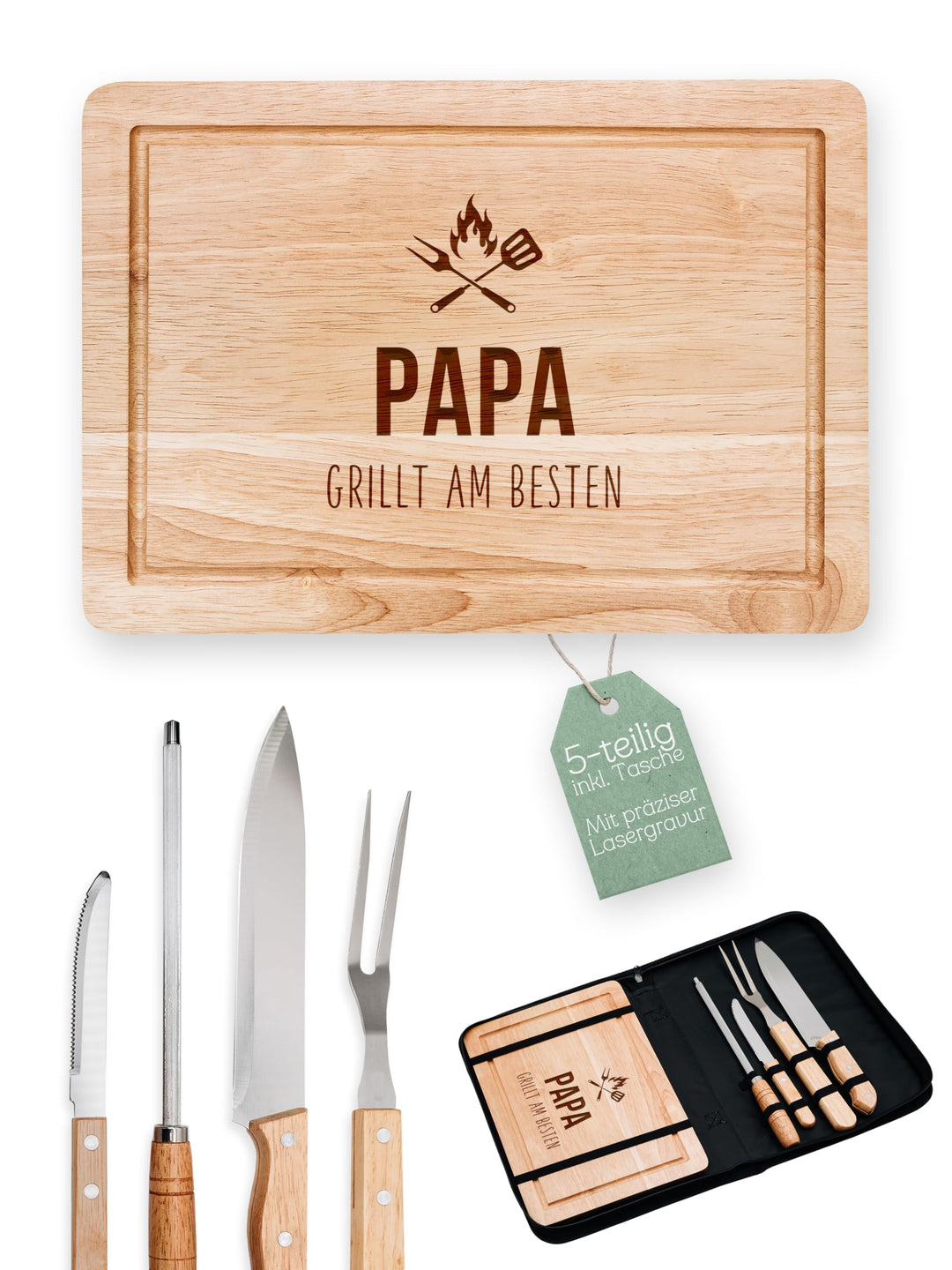 Grillset mit Messer im Messerset, Grillen Geschenk, Grill Accessories, Grillbrett, Geschenke für Män