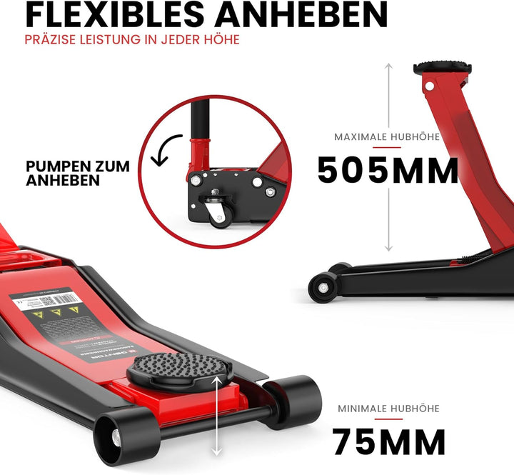 Wagenheber hydraulisch 3T Flache Hubhöhe 75-505mm mit 2X Gummiauflage Profi Rangierwagenheber hydrau