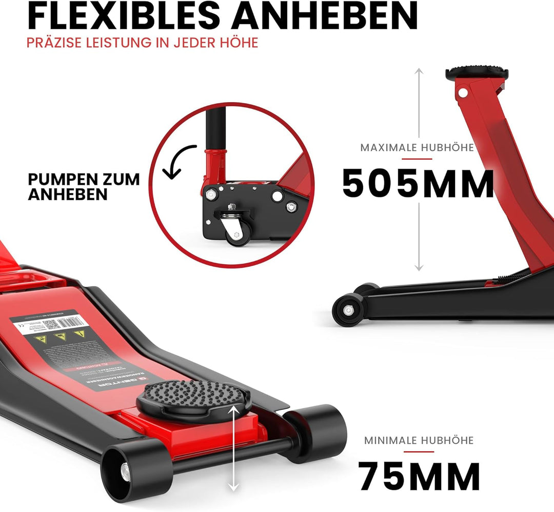Wagenheber hydraulisch 3T Flache Hubhöhe 75-505mm mit 2X Gummiauflage Profi Rangierwagenheber hydrau