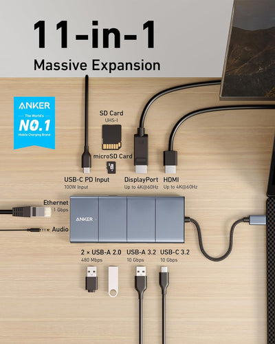 Anker 565 11-in-1 USB-C Hub, Docking-Station mit 10 Gbps USB-C & USB-A Datenports, 4K HDMI, DisplayP