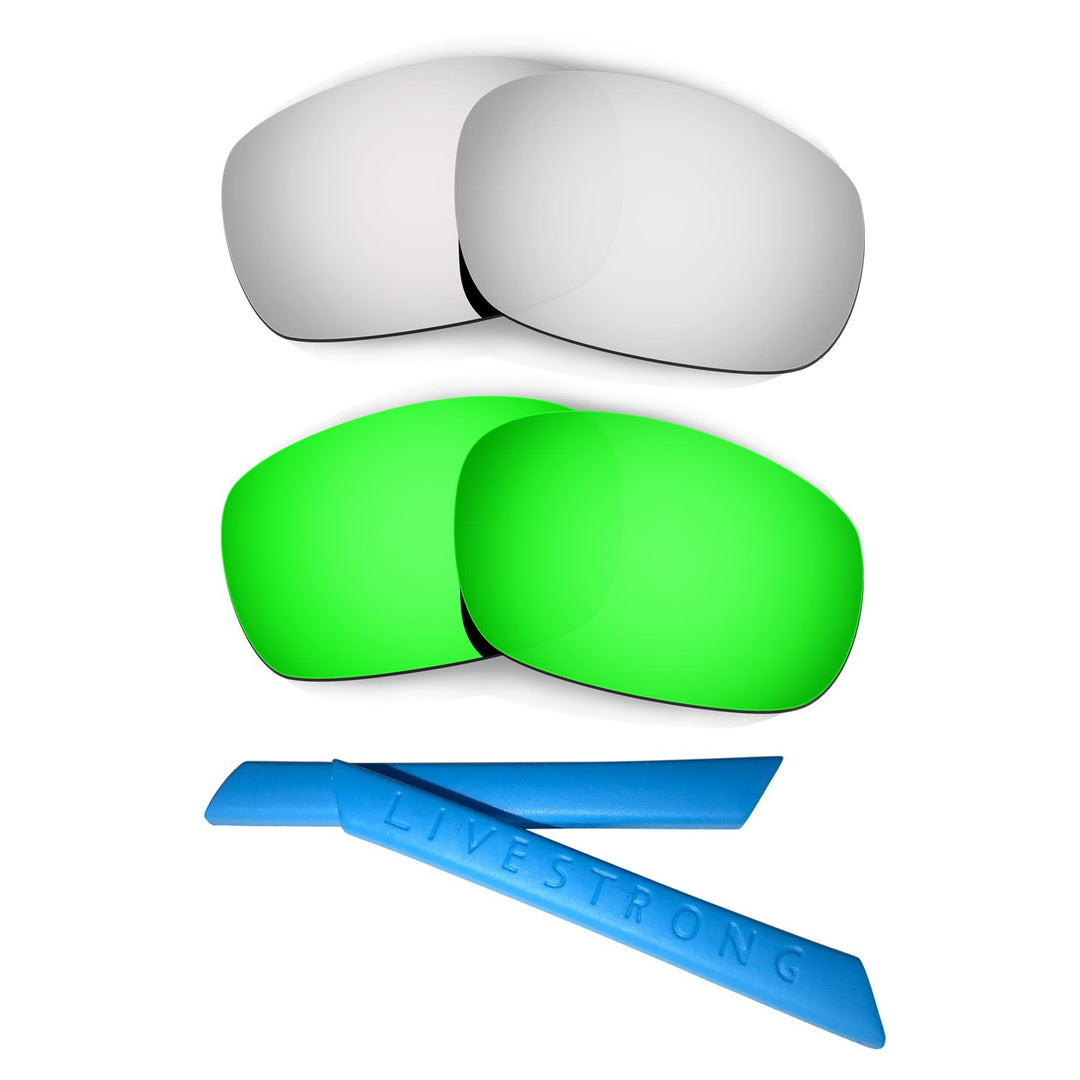 HKUCO Silver/Green Polarized Replacement Lenses plus Blue Earsocks Rubber Kit For Oakley Racing Jack