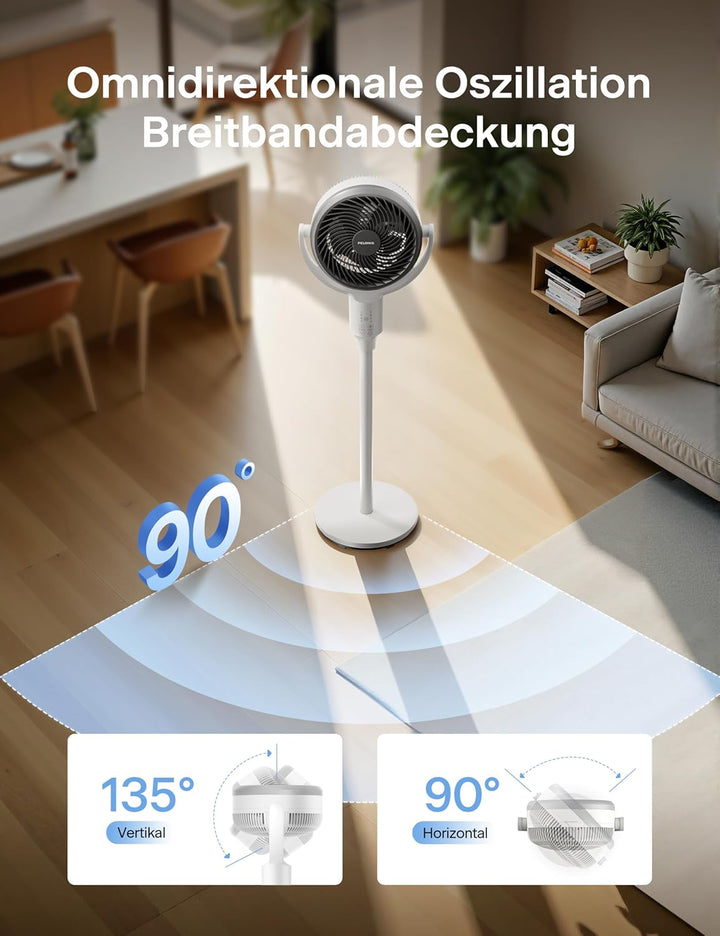 PELONIS Leiser Standventilator, 2-In-1 Standventilator mit Fernbedienung, 1500m³/h Luftvolume Luftzi