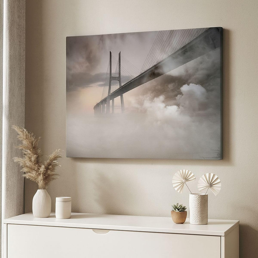 Bilder auf Leinwand 100x70cm Leinwandbild mit Rahmen Brücke Nebel Wasser Gross Wanddeko Bild Schlafz