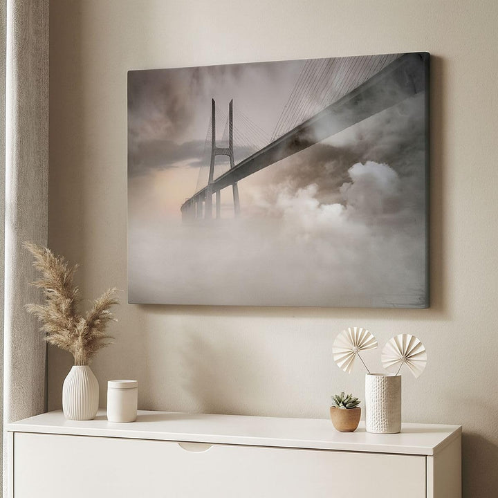 Bilder auf Leinwand 100x70cm Leinwandbild mit Rahmen Brücke Nebel Wasser Gross Wanddeko Bild Schlafz