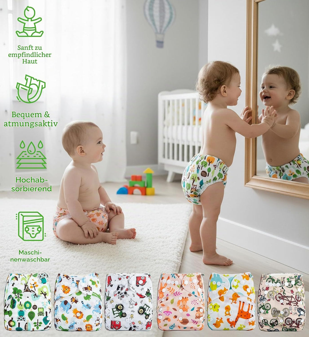Kolo 6er set waschbare windeln, 6 Stoffwindel einlagen bambus, Windeltasche für unterwegs, Unisex ve