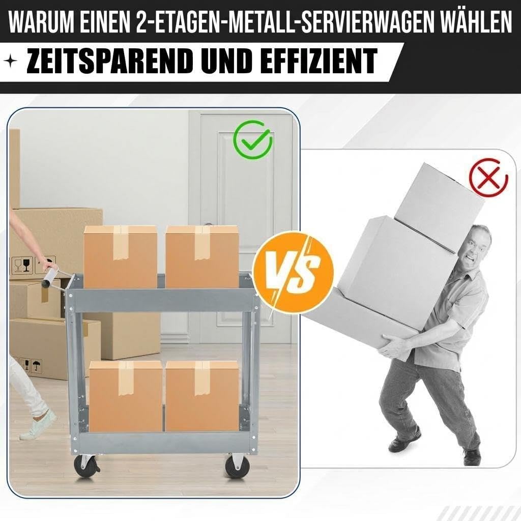 Werkzeugwagen Rollbar 2 Ebenen, Bis 150 kg Belastbar, Metall Werkstattwagen Mit Rollen, Schwerlast S