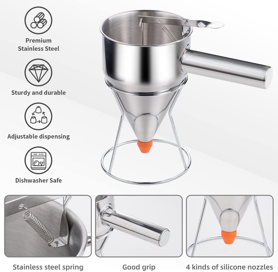 Shoxil Pfannkuchenteigspender, 600 ml, mehrkalibriger Edelstahl-Trichter-Kuchenspender mit Ständer,
