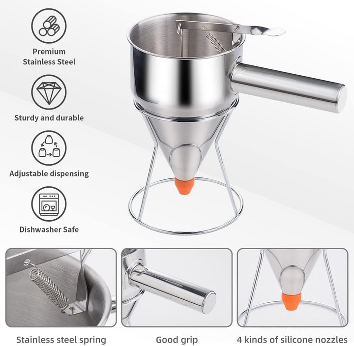 Shoxil Pfannkuchenteigspender, 600 ml, mehrkalibriger Edelstahl-Trichter-Kuchenspender mit Ständer,