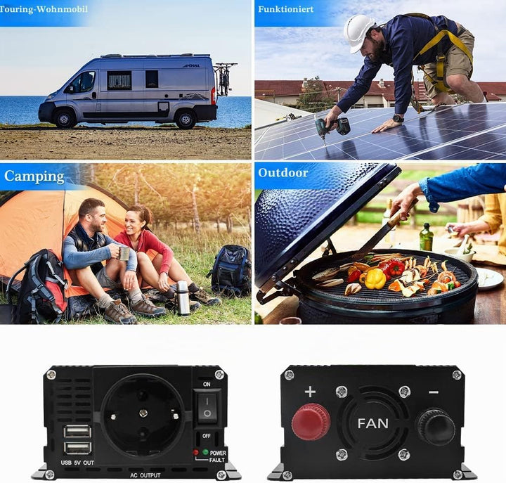 Yinleader Wechselrichter 900W 2000W 12V 230V Spannungswandler LCD mit 1 Steckdose 2 USB Anschlüsse