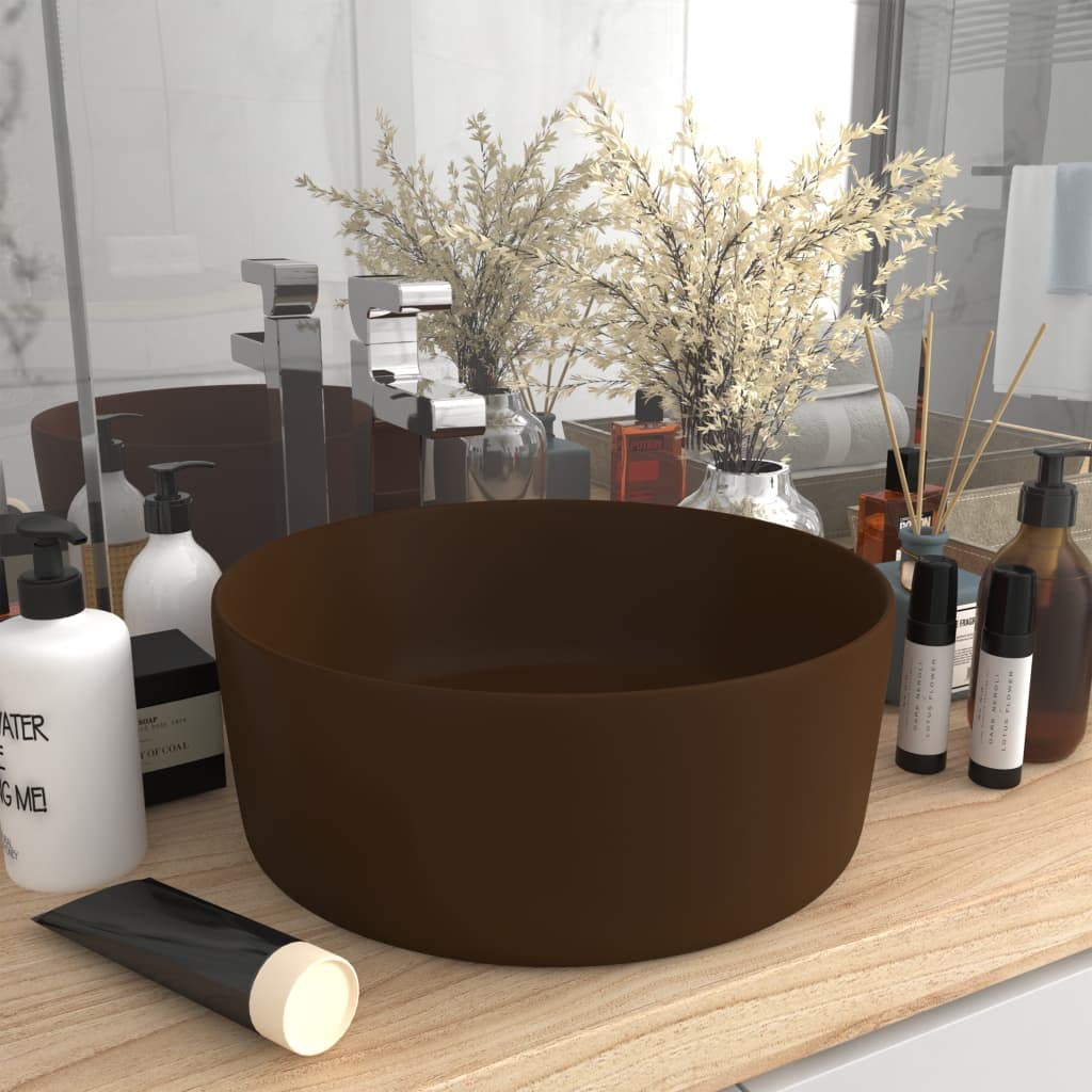 Luxuriöses Waschbecken Rund Matt Dunkelbraun 40x15 cm Keramik Aufsatzwaschbecken Badezimmer Möbel Ha