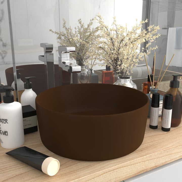 Luxuriöses Waschbecken Rund Matt Dunkelbraun 40x15 cm Keramik Aufsatzwaschbecken Badezimmer Möbel Ha