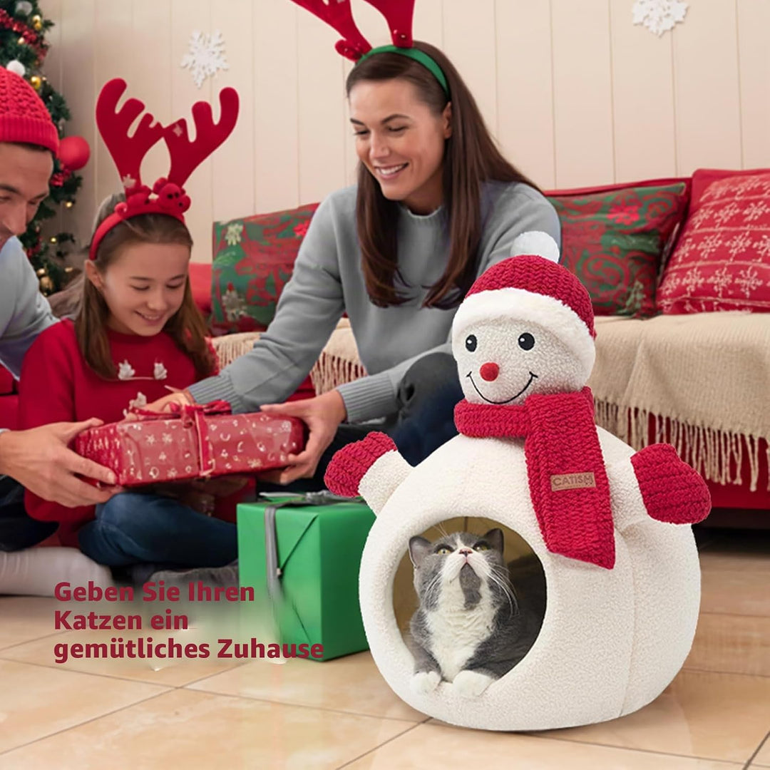 CATISM Weihnachten Katzenhöhle - 42 x 42 x 55 cm Katzenbett für Indoor-Katzen, Niedliche Schneemann