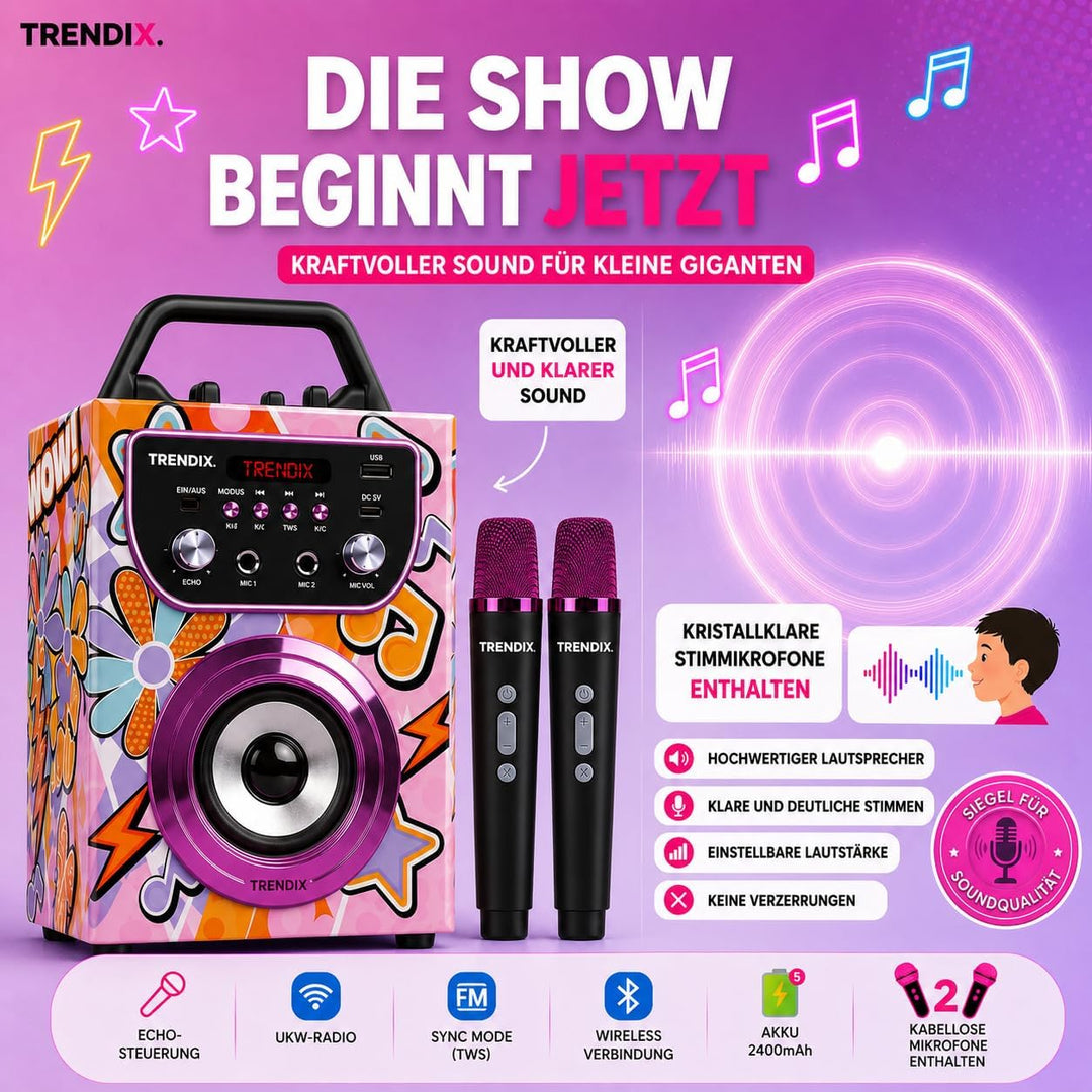 Trendix - Karaoke Maschine Kinder Magic Melody | Karaoke Anlage Mit 2 Mikrofonen | Musikbox Kinder R