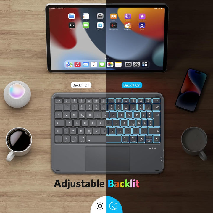 Emetok Deutsche Bluetooth Tastatur für iPad 11(11.Gen)/10.9(10.Gen)/10.2(9-7.Gen)/Pro 13/11/12.9, QW