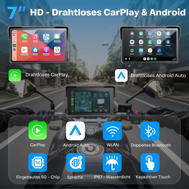 WonVon 7 Zoll Motorrad Carplay Display Motorrad Navigationsgeräte mit Motorrad Navi CarPlay & Androi