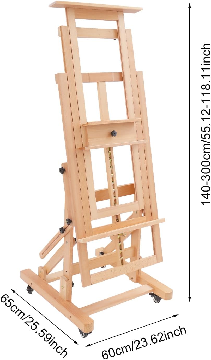 Extra grosse Kunstmalstaffelei aus Massivholz, Höhenverstellber Holzstaffelei mit Rollen &amp; Tablett,