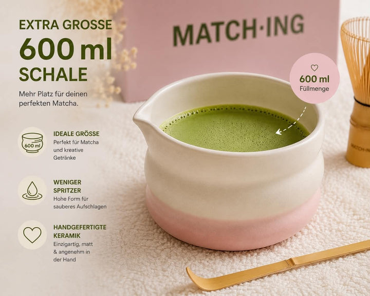 Matcha Set 4-teilig – Keramik Matcha Schale, Bambus Matcha Besen (Chasen), Besenhalter & Löffel – Ja