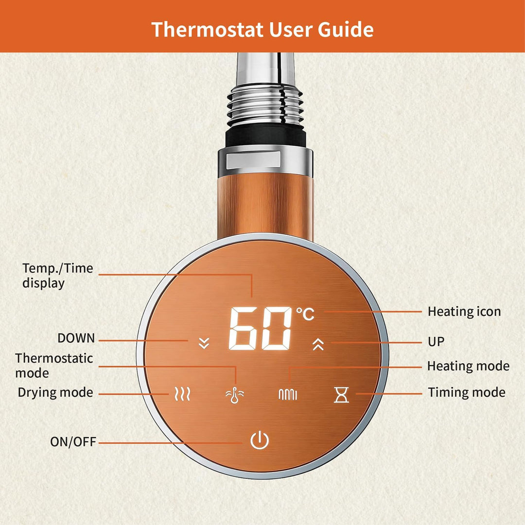 Heizstab 600W für Badheizkörper Elektrisch mit Thermostat, Vollbild Touch Bedienung, Einfach &amp; Effiz