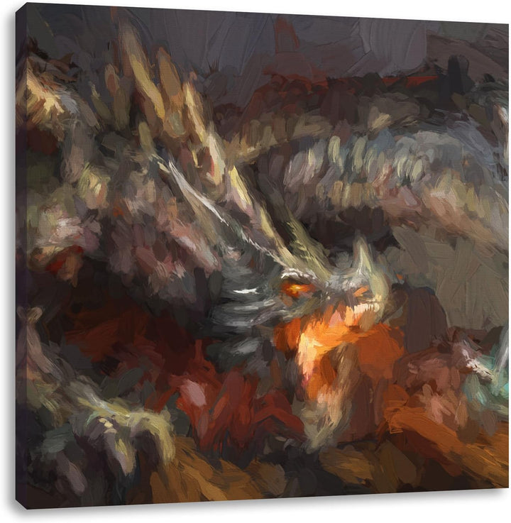 Pixxprint Kampf zwischen Mensch und Drache Pinsel Effekt, Format: 70x70 auf Leinwand, 70x70