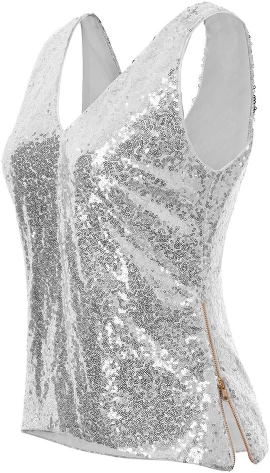 GRACE KARIN Damen Pailletten Tops Sparkle Shimmer Weste Ärmellos V-Ausschbitt U-Back Side Split Blus